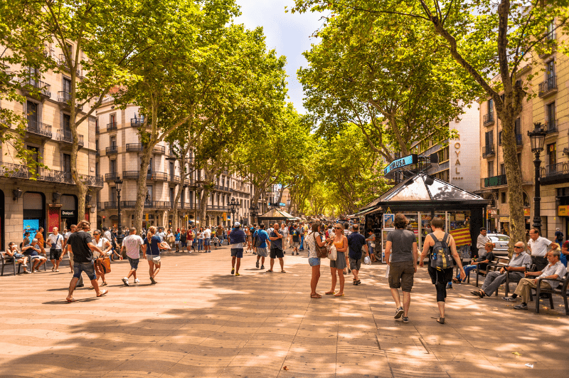 People on tree-lined La Rambla pedestrian walkway, Barcelona Spain