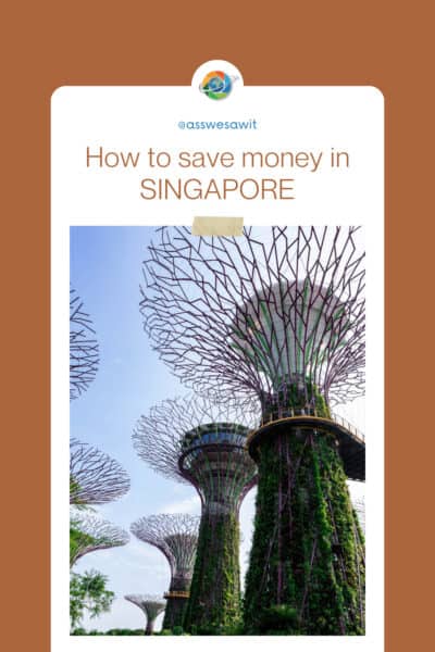 Supertrees in Gardens by the Bay. Text overlay says "how to save money in Singapore."