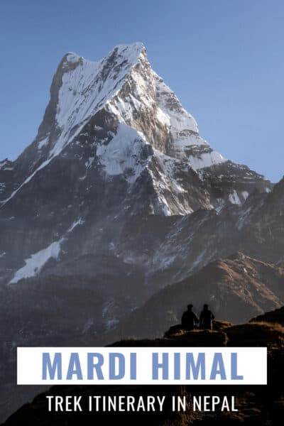 Mt Machhapuchhre. Text overlay says "Mardi Himal Trek itinerary in Nepal"