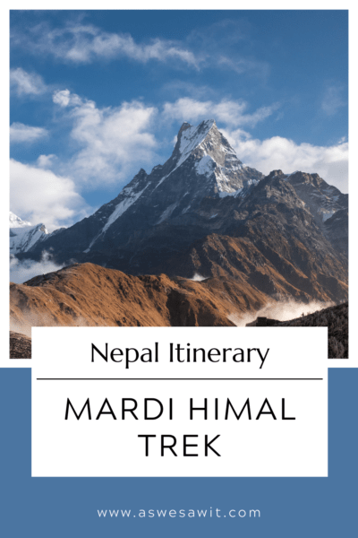 Mt Machhapuchhre. Text overlay says "Nepal Itinerary Mardi Himal Trek"
