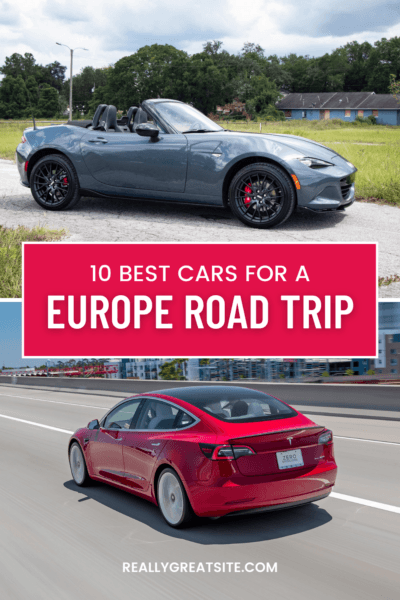 Top: Mazda MX-5. Bottom: Tesla Model 3. Text overlay says "10 Best Cars fora Europe Road Trip"
