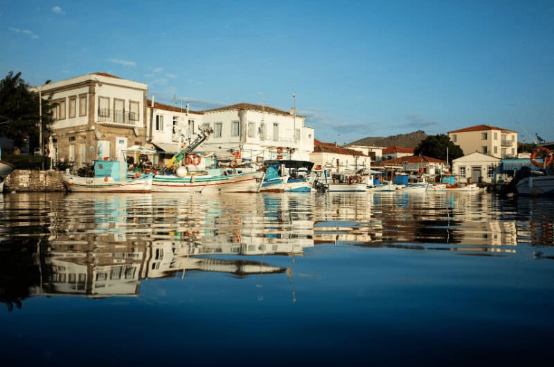 Lemnos Island in Greece with colorful fishing boats and nice reflection