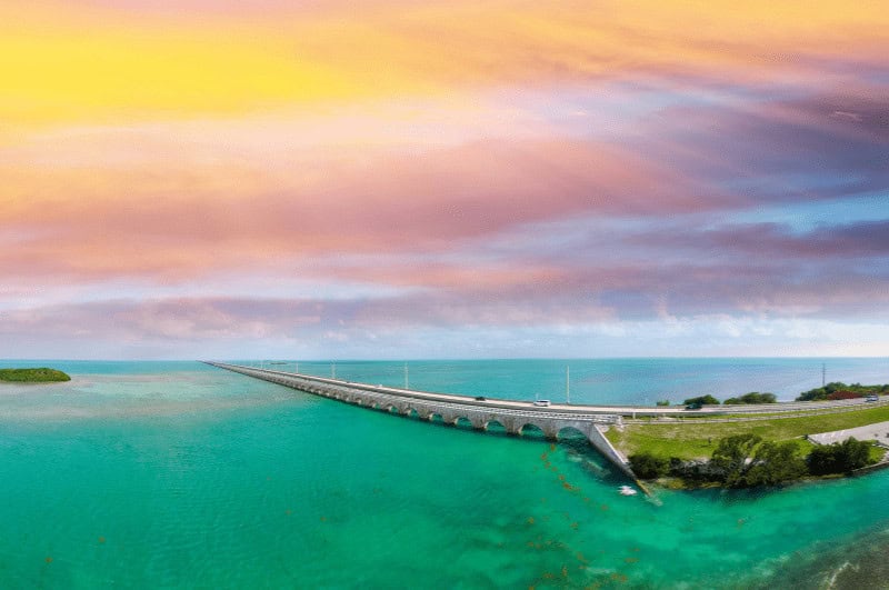 Florida Keys bridge, beautiful sunset aerial view