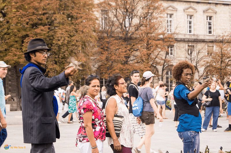 People feeding birds at Notre Dame