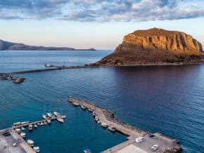 The small rocky outcrop where the town of Monemvasia is, off the coast of the Peloponnese peninsula in Greece