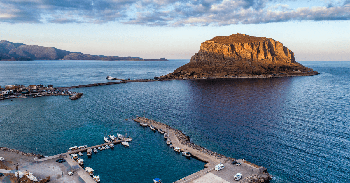 The small rocky outcrop where the town of Monemvasia is, off the coast of the Peloponnese peninsula in Greece