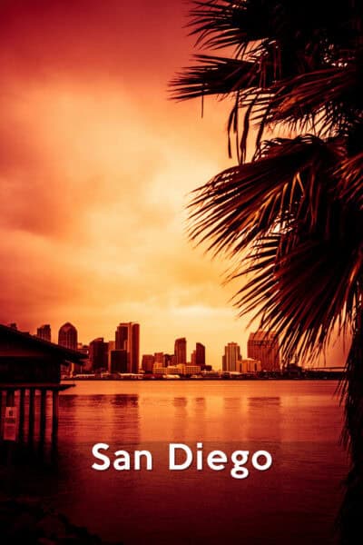 Sunset in San Diego California. The text overlay says "San Diego."