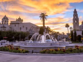 sunset behind Balboa Park San Diego California