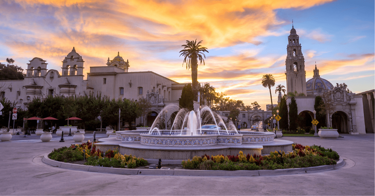 sunset behind Balboa Park San Diego California