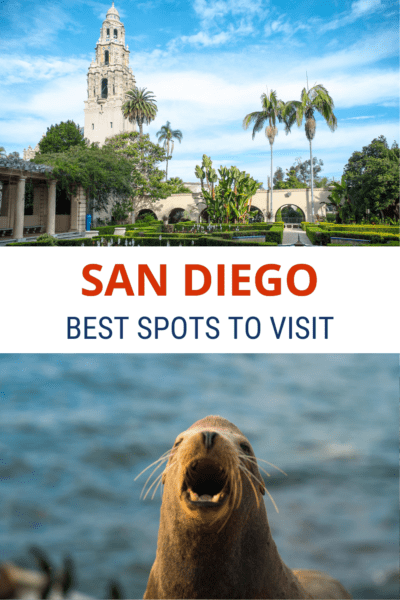 Top: Balboa Park. Bottom: Seal in La Jolla California. Text overlay says "San Diego best spots to visit"