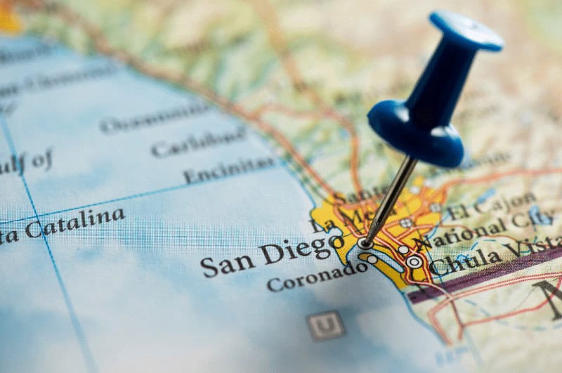push pin marking San Diego on a map