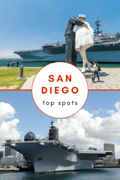 Top: Unconditional Surrender statue with Midway aircraft carrier in background. Bottom: Midway Aircraft Carrier. Text overlay says "San Diego top spots"