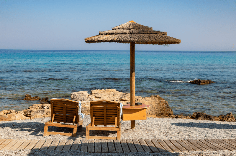 Beach chairs at a beach in Rhodes Greece