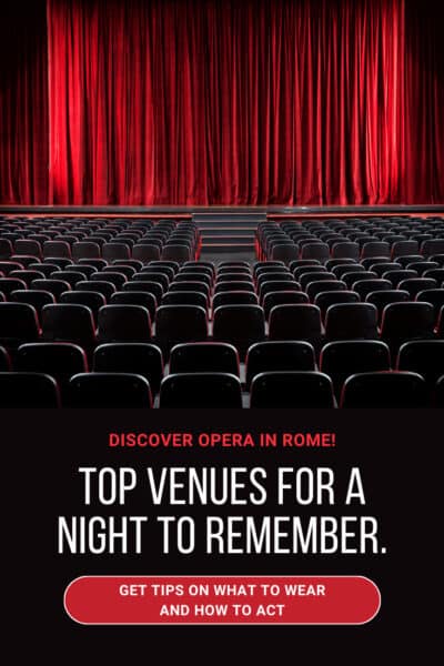 Auditorium seats facing a stage with a red curtain. The text overlay says "Discover opera in Rome! Top venues for a night to remember. Get tips on what to wear and how to act."
