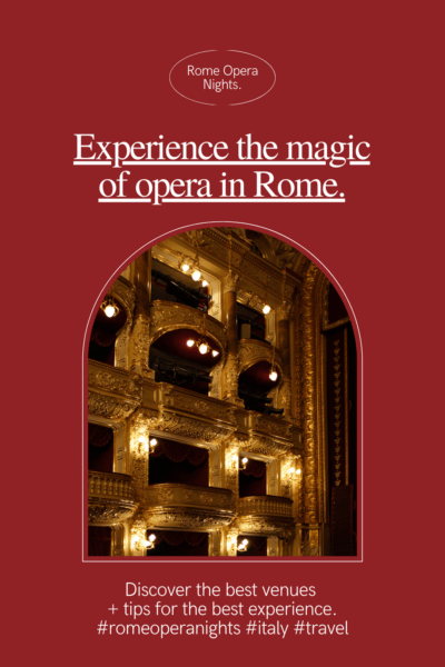 Golden balcony seats in an auditorium. The text overlay says "Rome Opera Nights: Experience the magic of opera in Rome. Discover the best venues + tips for the best experience."