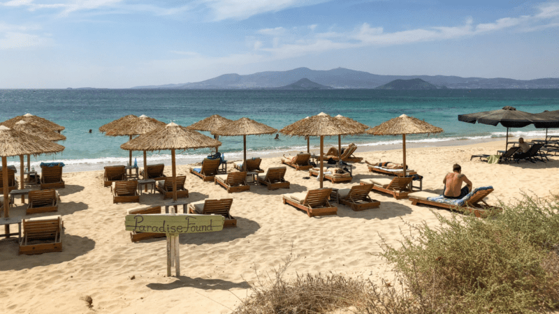 Chairs on the sand at Plaka Beach, Naxos Island