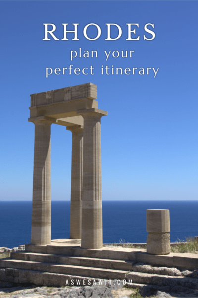 Ruins of a temple on Rhodes. The text overlay says "Rhodes: Plan your perfect itinerary".