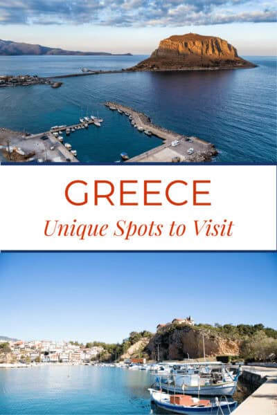 Top: Monemvasia rock as seen from the mainland. Bottom: Boats on an off the beaten path island in Greece.
