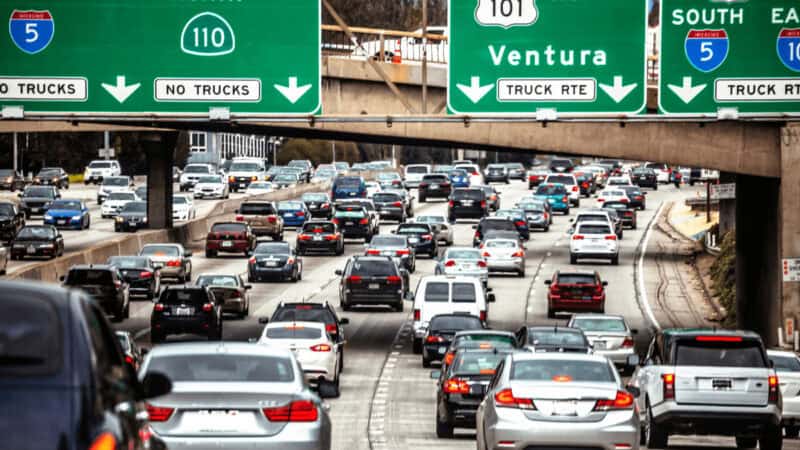 Cars on a highway in L.A. This Los Angeles 3 day itinerary takes traffic into account.