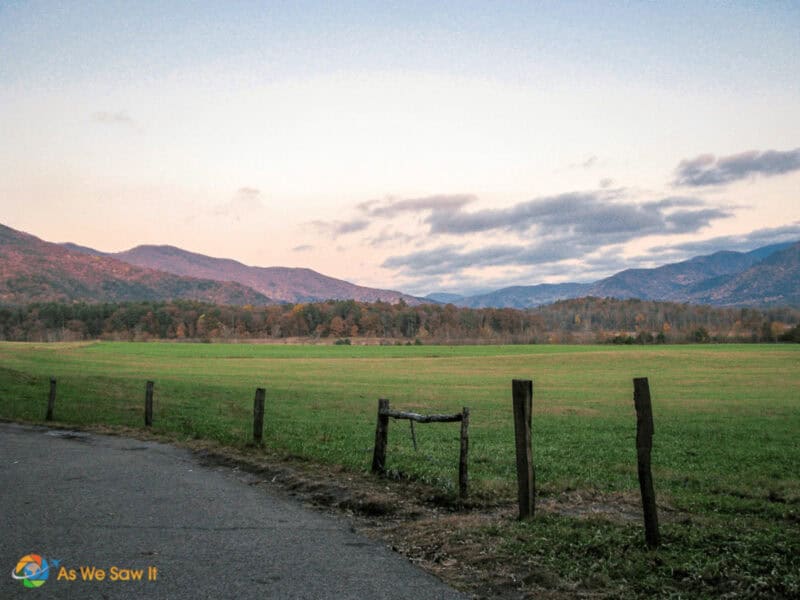 The mountains and field at dusk in Cades Cove