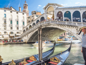 A gondolier at Rialto Bridge in Venice Italy