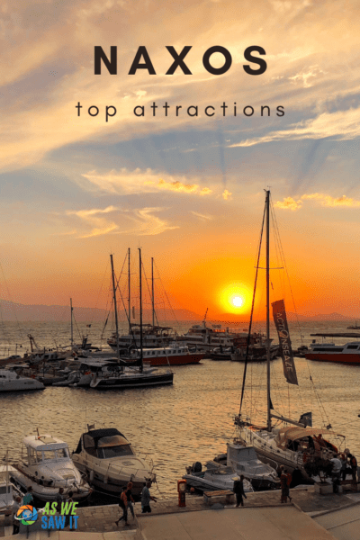 Boats in Naxos Harbor. Text overlay says "Naxos top attractions"