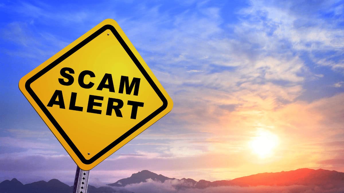 sunset on the horizon behind a road sign that says Scam Alert