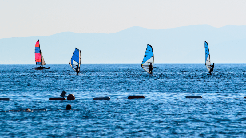 Four windsurfers on calm water