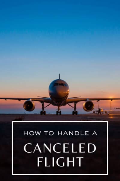 A plane landing on a runway. The text overlay says "how to handle a canceled flight"