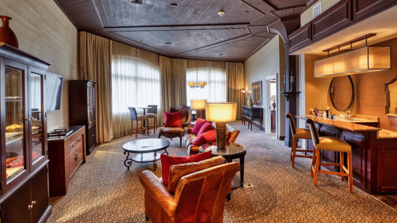 A luxury suite with leather chairs at French Lick Resort, Indiana