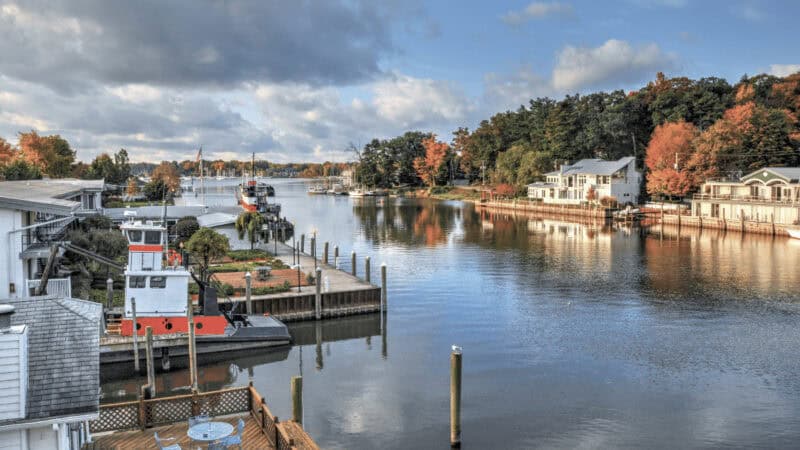 Harbor and shops in Saugatuck Michigan