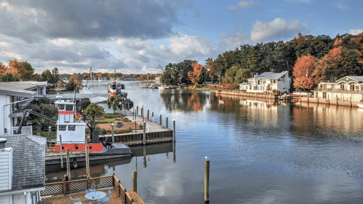 Harbor and shops in Saugatuck Michigan