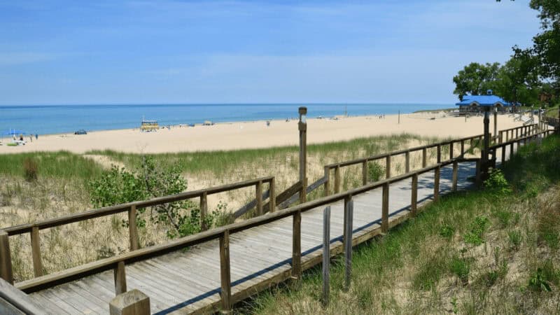 Boardwalk leading down to a beach on Lake Michigan