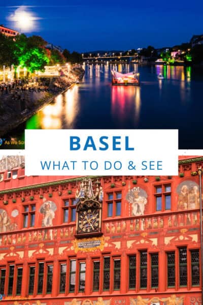 Top: People gather along the water in Basel to listen to a concert. Moon in the sky. Bottom: the clock at Marktplatz. The text overlay says "Basel what to do & see"