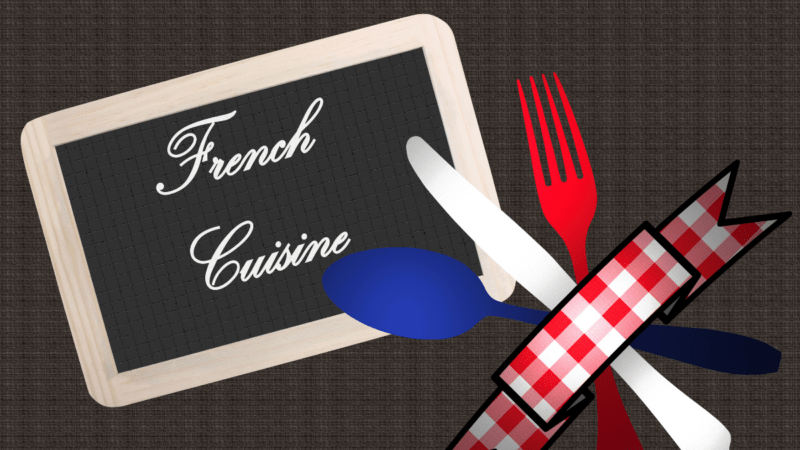 Blackboard with the words French Cuisine on it. Red fork, white knife, and blue spoon behind a checkered ribbon.
