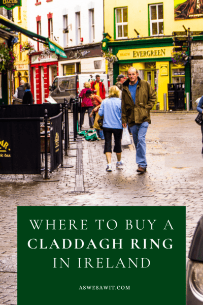 Two people on a street in Galway. The text overlay says "Where to buy a claddagh ring in Ireland"