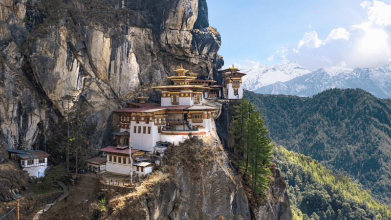 Taktshang Goemba, aka Tiger's Nest Monastery, perched on a cliff in Paro Valley, Bhutan