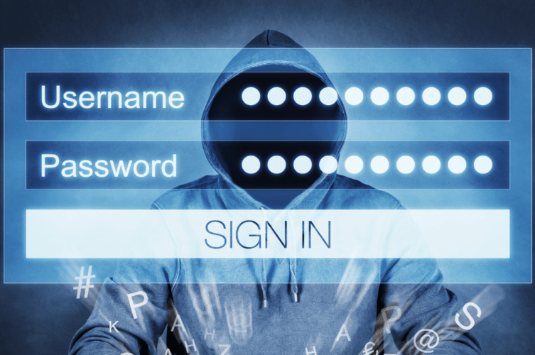 Secure online shopping: Hacker behind an overlay of a login box.