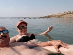 The authors, floating in the Dead Sea in Jordan