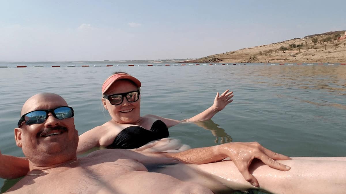 The authors, floating in the Dead Sea in Jordan
