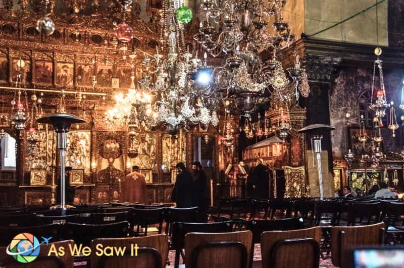 Priests worshipping in a chapel at Church of the Nativity.