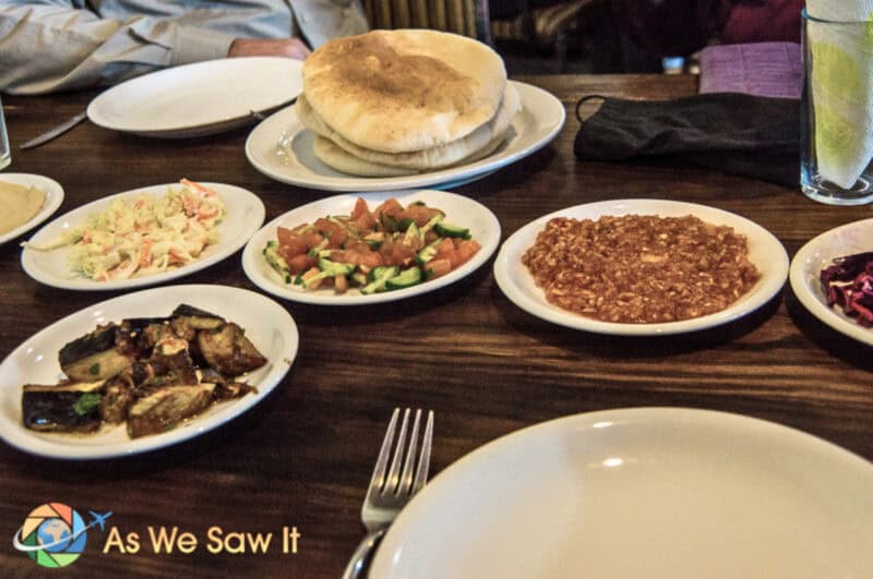 A spread of Arabic appetizers before our lunch in Bethlehem. We were stuffed, and our entrees haven't even been served yet!