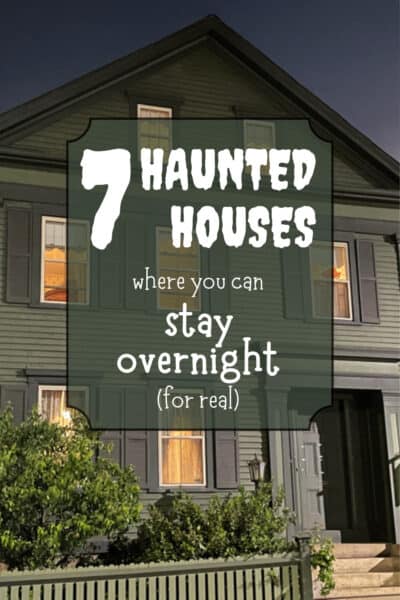The front of Lizzie Borden House. Text overlay says "7 haunted houses where you can stay overnight (for real)."