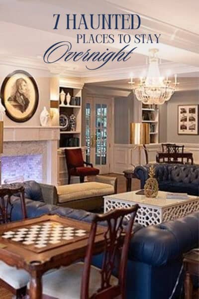The living room of the haunted Marshall House in Savannah. Text overlay says "7 haunted places to stay overnight."