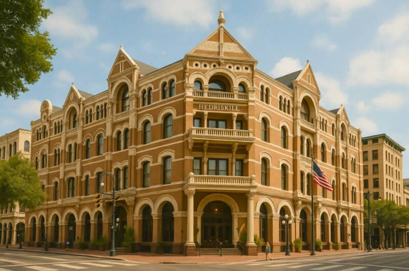Grand Romanesque exterior of the Driskill Hotel in downtown Austin, Texas