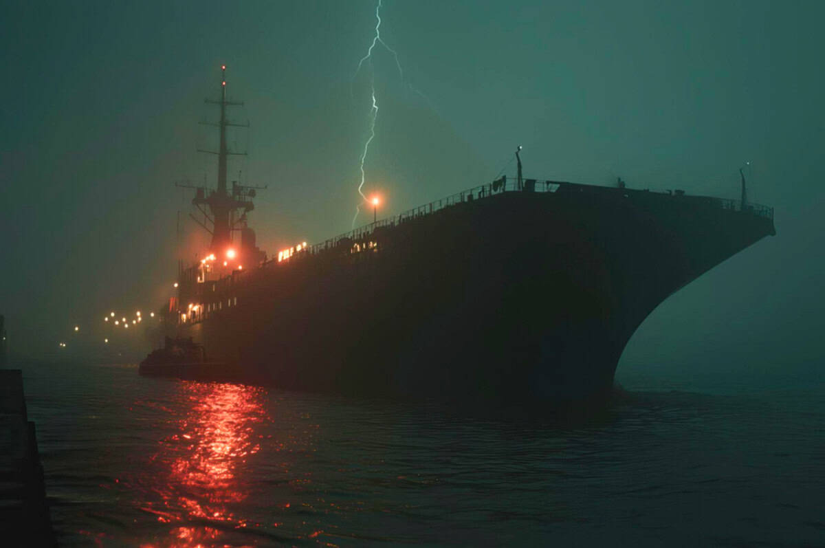 Lightning strikes the massive aircraft carrier USS Lexington docked in Corpus Christi, Texas