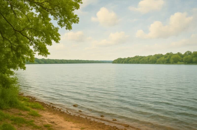Calm waters and wooded shoreline of White Rock Lake in Dallas, Texas