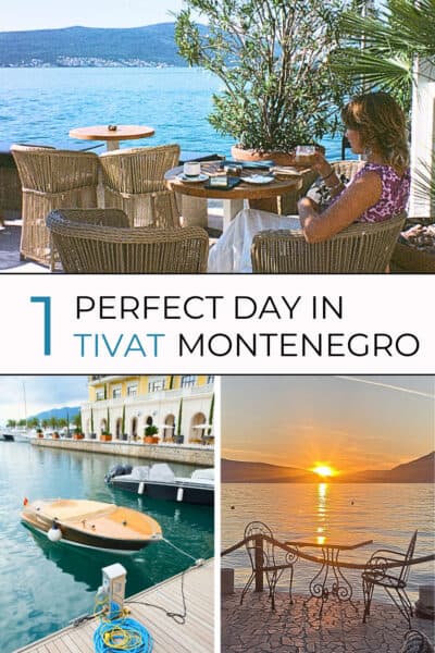 Collage of three scenic moments in Tivat, Montenegro: a woman dining on a waterfront patio with sea and mountain views; a small wooden boat docked beside a yellow building with arched windows; and a golden sunset over the bay with wrought iron chairs on a stone terrace.
