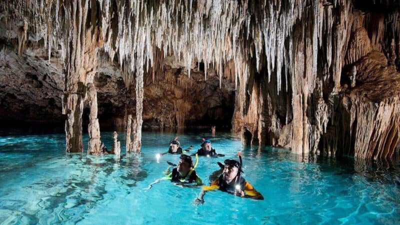 Four people snorkel in a crystal-clear cenote cave, surrounded by dramatic limestone stalactites and stalagmites.