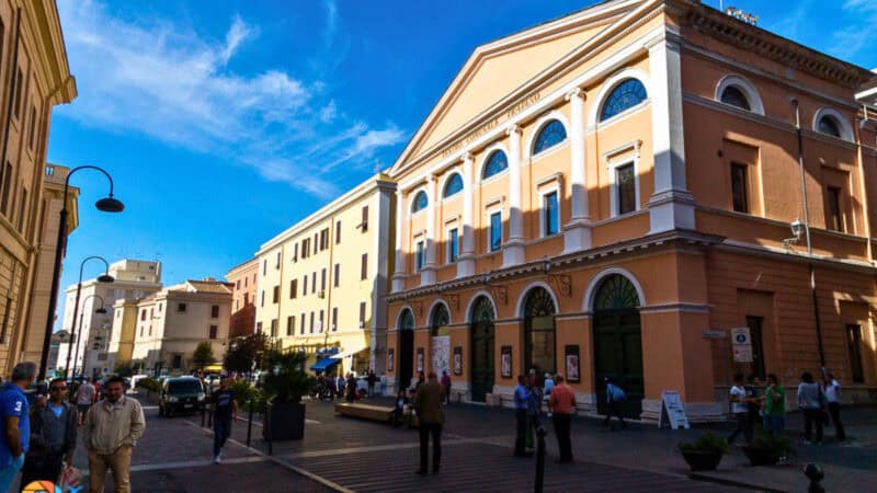 Corso Centocelle pedestrian street with shops and the Teatro Traiano in Civitavecchia.